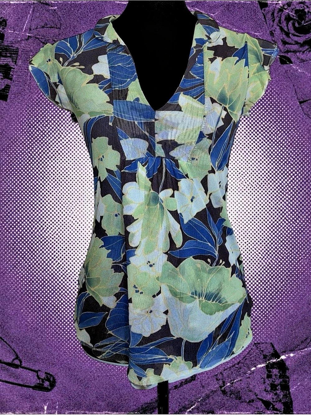 Sweet Pea Mesh Floral Top V Neck Flutter Sleeve Blue Green